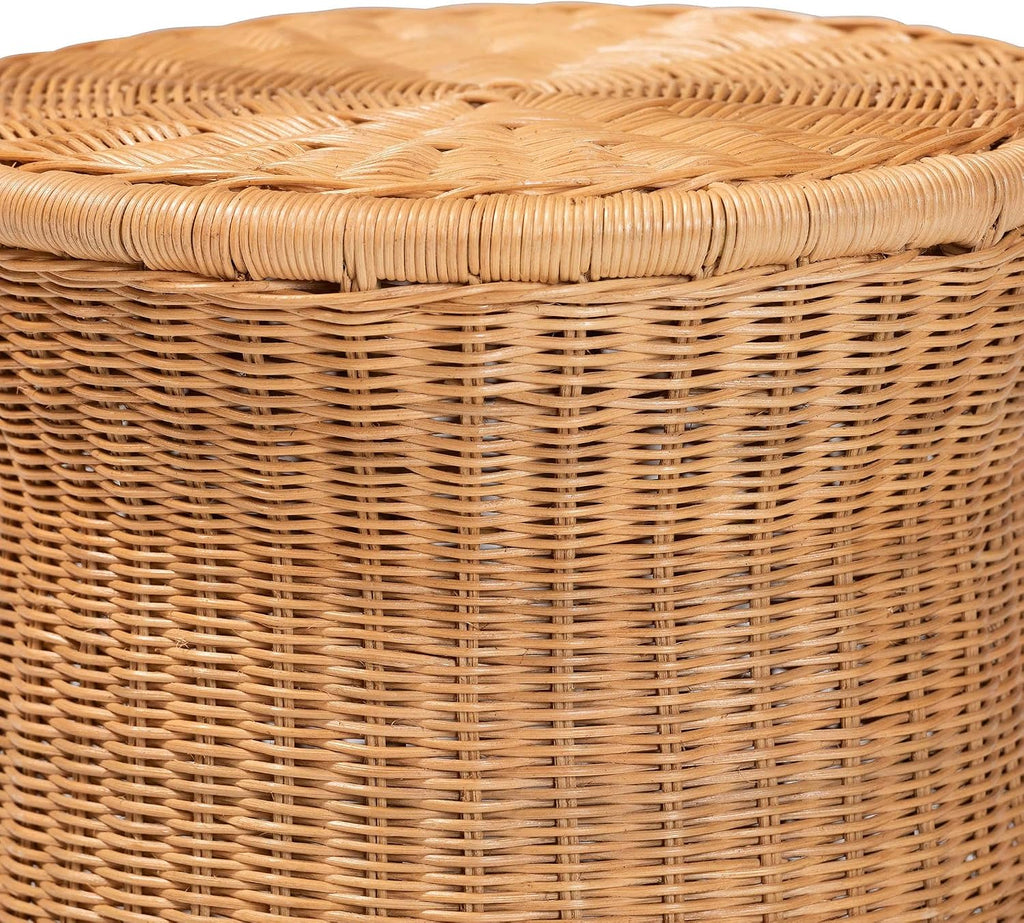 Bali & pari Caroline Round Natural Rattan End Table – Handwoven Wicker Drum Shape Accent Table for Living Room or Sunroom, Light Honey