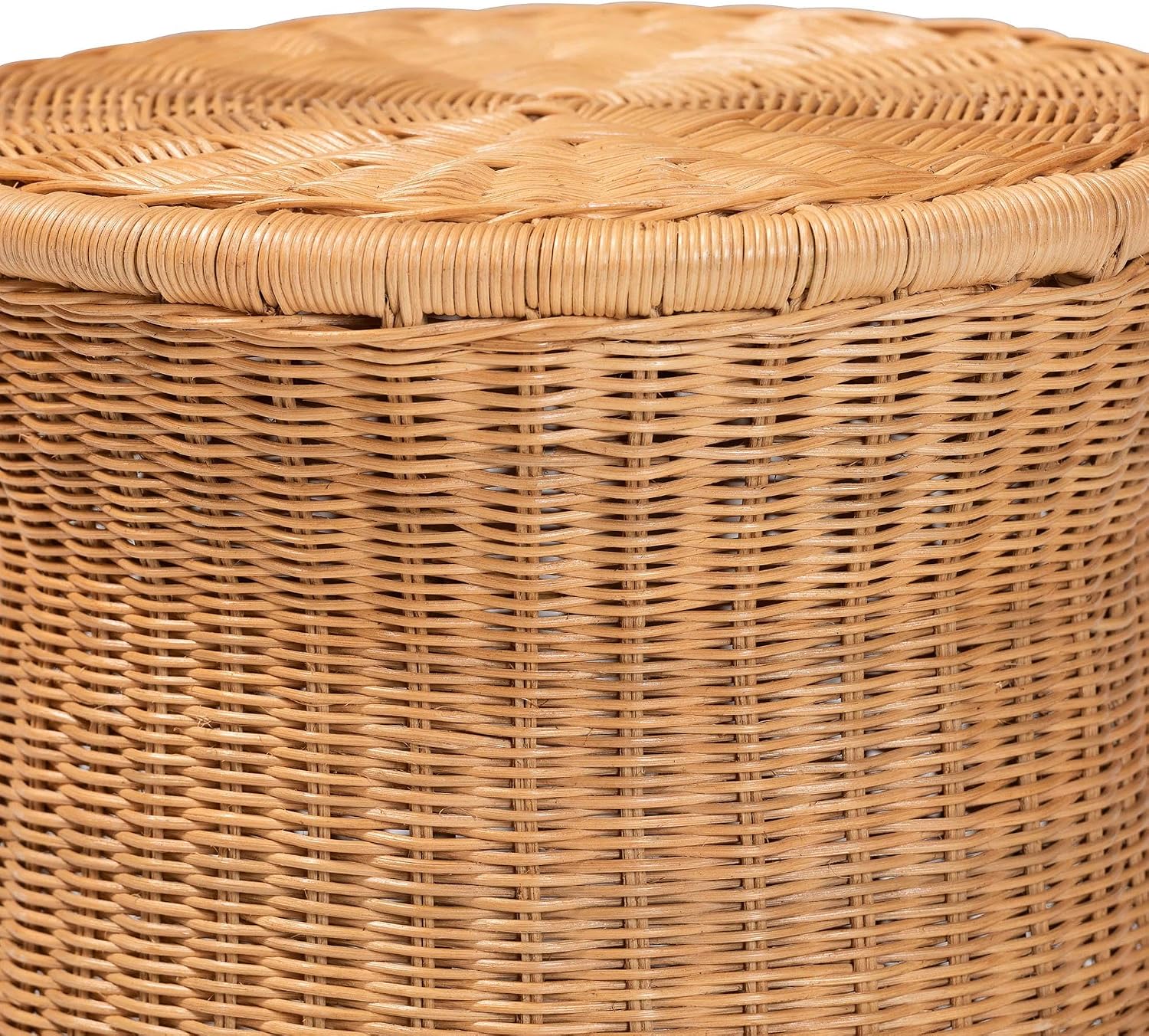 Bali & pari Caroline Round Natural Rattan End Table – Handwoven Wicker Drum Shape Accent Table for Living Room or Sunroom, Light Honey