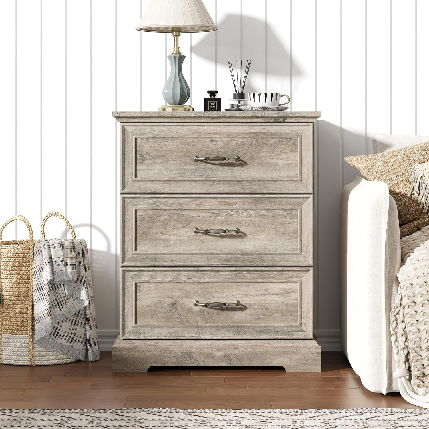 Nightstand Set of 2,24' Wide End Table with 3 Large Drawers & Metal Handles,Rustic Farmhouse Wood Small Dresser,Bedside Table,Modern Chest of Drawers for Bedroom,Living Room,Grey