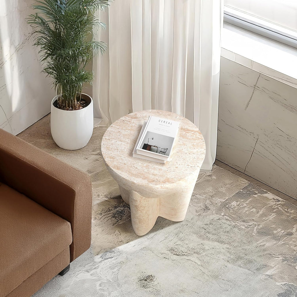 Empire Art Direct Abstract Travertine Stone Finish Italian Design MgO Side Accent Table, Living Room, Bedroom & Office, 15'x15'x18.3'