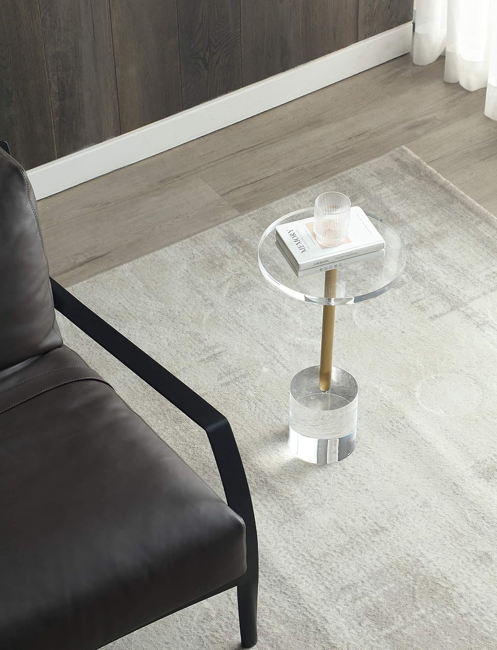 Artmaze Clear Acrylic End Table,Side Table,Brushed Brass Metal,Round,for Office, Living Room and Bedroom,Easy Assembly,12x12 inch，21.3 inch high
