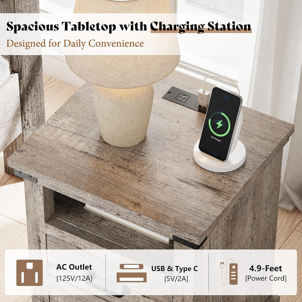 AMERLIFE Farmhouse End Table Set of 2, 18' Wood Night Stand with Charging Station & 2 Storage Drawers, Heavy Duty Bedside Nightstands for Bedroom, Living Room, Light Grey