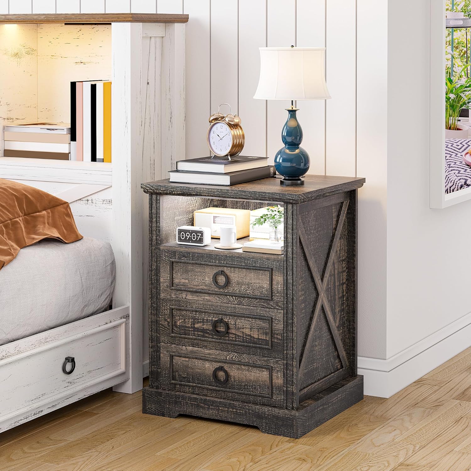 Nightstand Set 2 with Charging Station, Farmhouse End Side Table with 3 Drawers and Open Storage, Smart Bedside Table with LED Light & Human Sensor for Bedroom,Brown,Chest