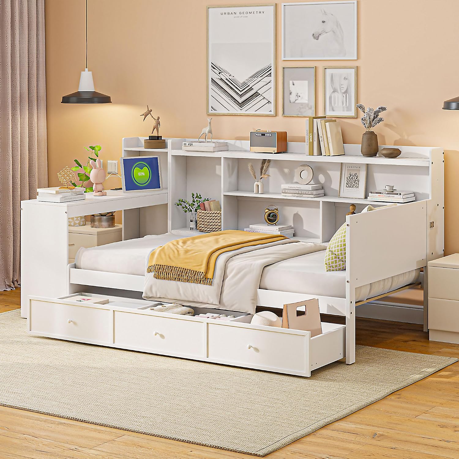 LUMISOL Twin Size Daybed Bed with Desk and Storage, Solid Wood Corner Bed with Bookcase Headboard & Charging Station, Space-Saving L-Shaped Day Bed Frame for Living Room, Guest Room, White