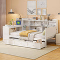 SOFTSEA Twin Size Daybed with Storage Drawers & Bookcase, Wood Daybed with Desk & USB Ports, L Shaped Corner Bed with Convertible Headboard for Bedroom Living Room Guest Room, White