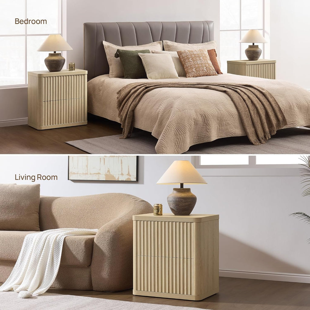 SICOTAS Night Stand Set of 2 Nightstands with 2 Drawers Storage Bedside Table Large Fluted Bed Side End Table Modern 24.4' Tall Wide Night Stands for Bedroom Living Room Sofa Couch Office, Coastal Oak