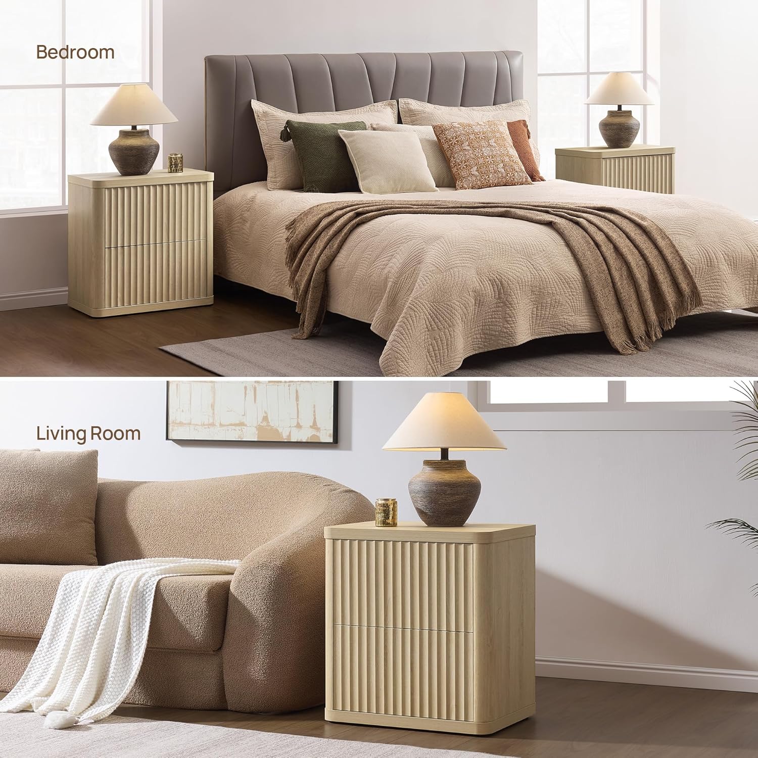 SICOTAS Night Stand Set of 2 Nightstands with 2 Drawers Storage Bedside Table Large Fluted Bed Side End Table Modern 24.4' Tall Wide Night Stands for Bedroom Living Room Sofa Couch Office, Coastal Oak