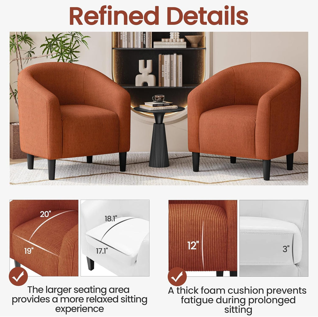 Yaheetech Accent Barrel Chair, Corduroy Fabric Club Chair, Furry Sherpa Elegant Armchair with Cozy Soft Padded, Suitable for Living Room Bedroom Reception Room Office, Set of 2, Brick Red