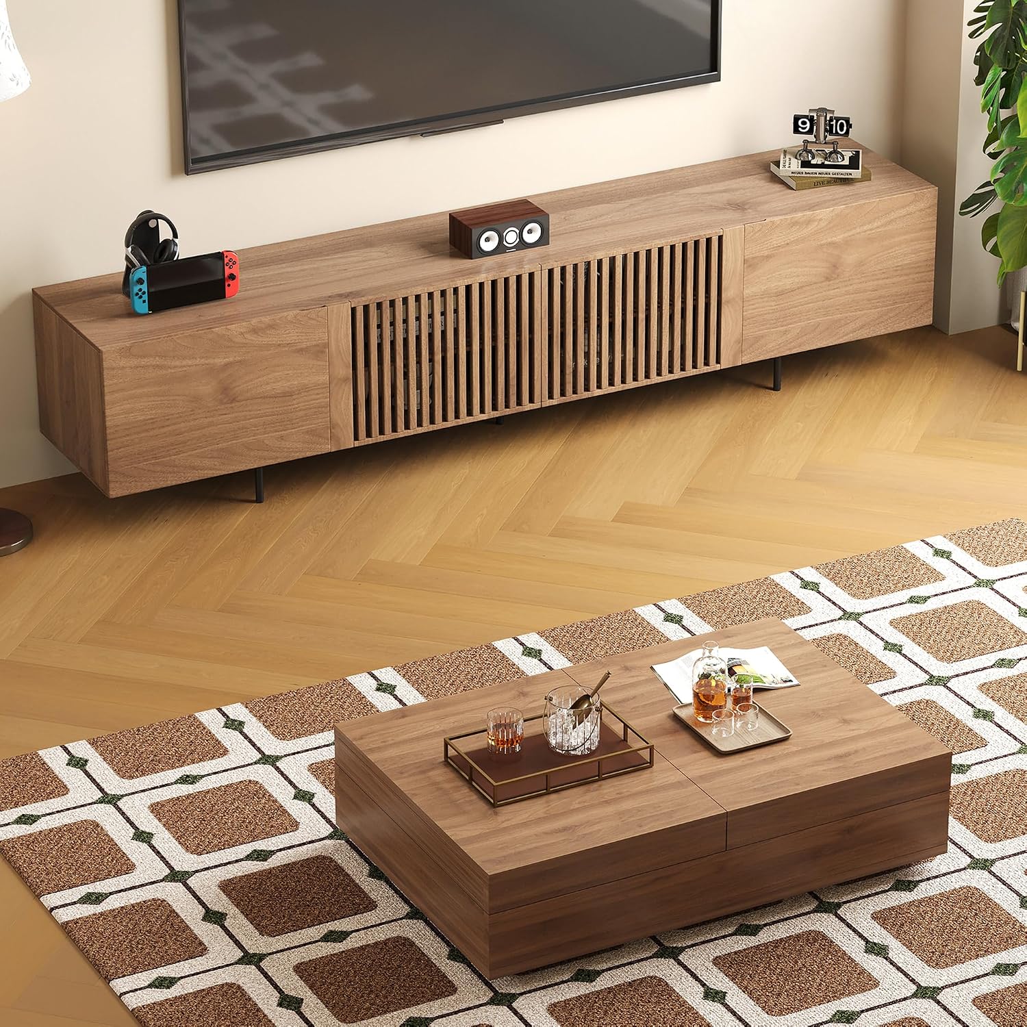 Mid-Century Modern 94.48' TV Stand and Expandable Coffee Table Set, Large Walnut Entertainment Center with Storage for Living Room and Bedroom Furniture Decor