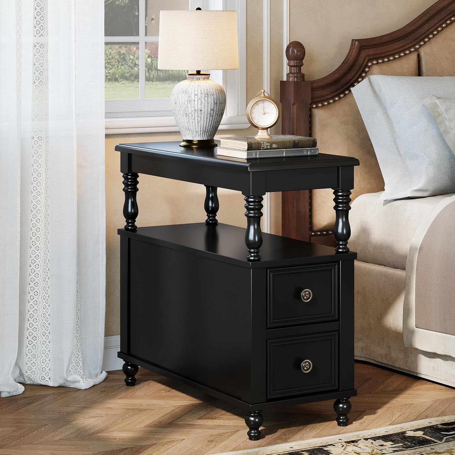 Tribesigns Wood End Table with 2 Drawers, Mid-Century Wooden Slim Side Table Nightstands with Storage Shelf, Accent Table for Living Room, Easy to Assemble (Black)
