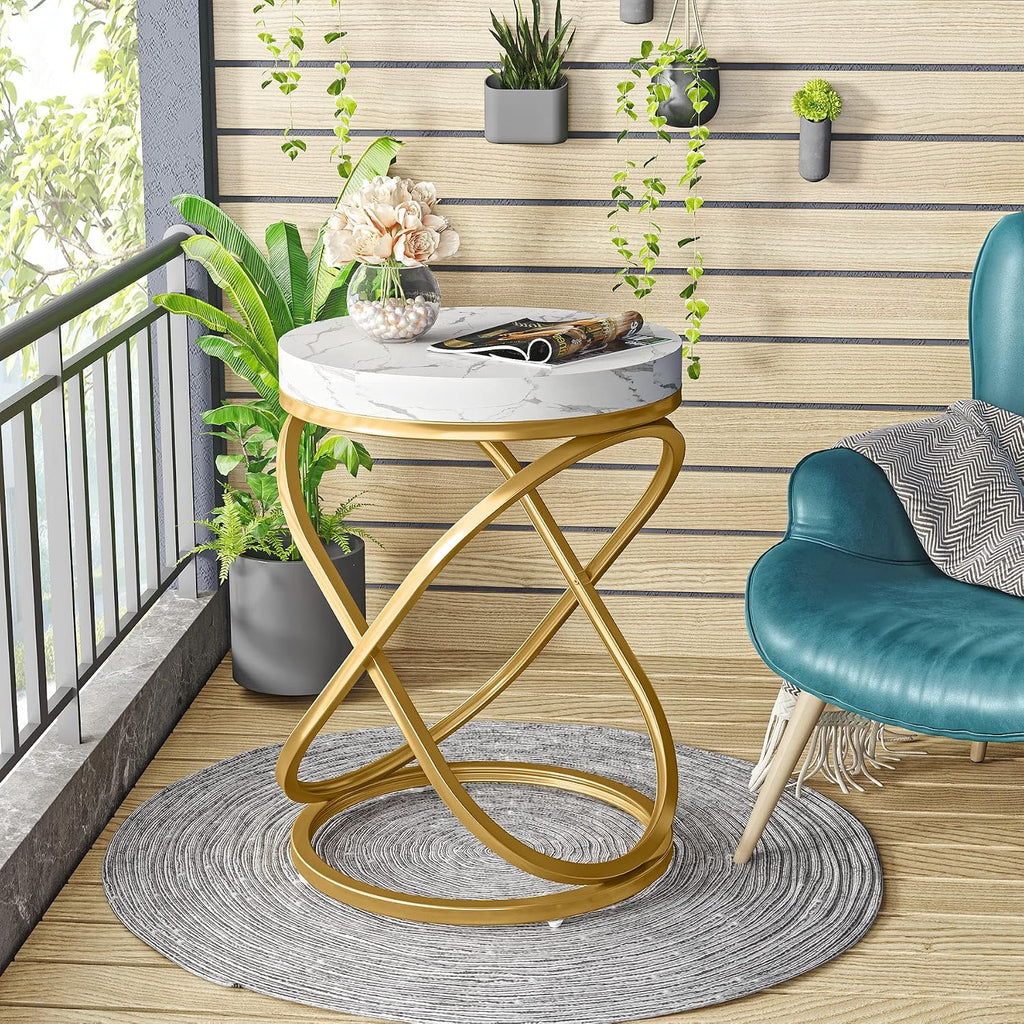 Tribesigns End Tables Living Room Set of 2, 26 Inches White and Gold Faux Marble Top Nightstands Sofa Side Table with Double X-Shaped Ring Unique Design for Bedroom
