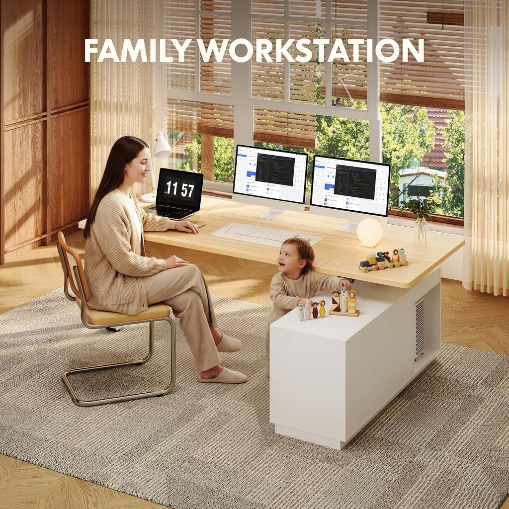 FLEXISPOT L Shaped Standing Desk with Drawers, Large Electric Height Adjustable Executive Desk, Sit Stand Desk for Home Office and Workstation, PC Cabinet (63'x32' White Wood Grain)