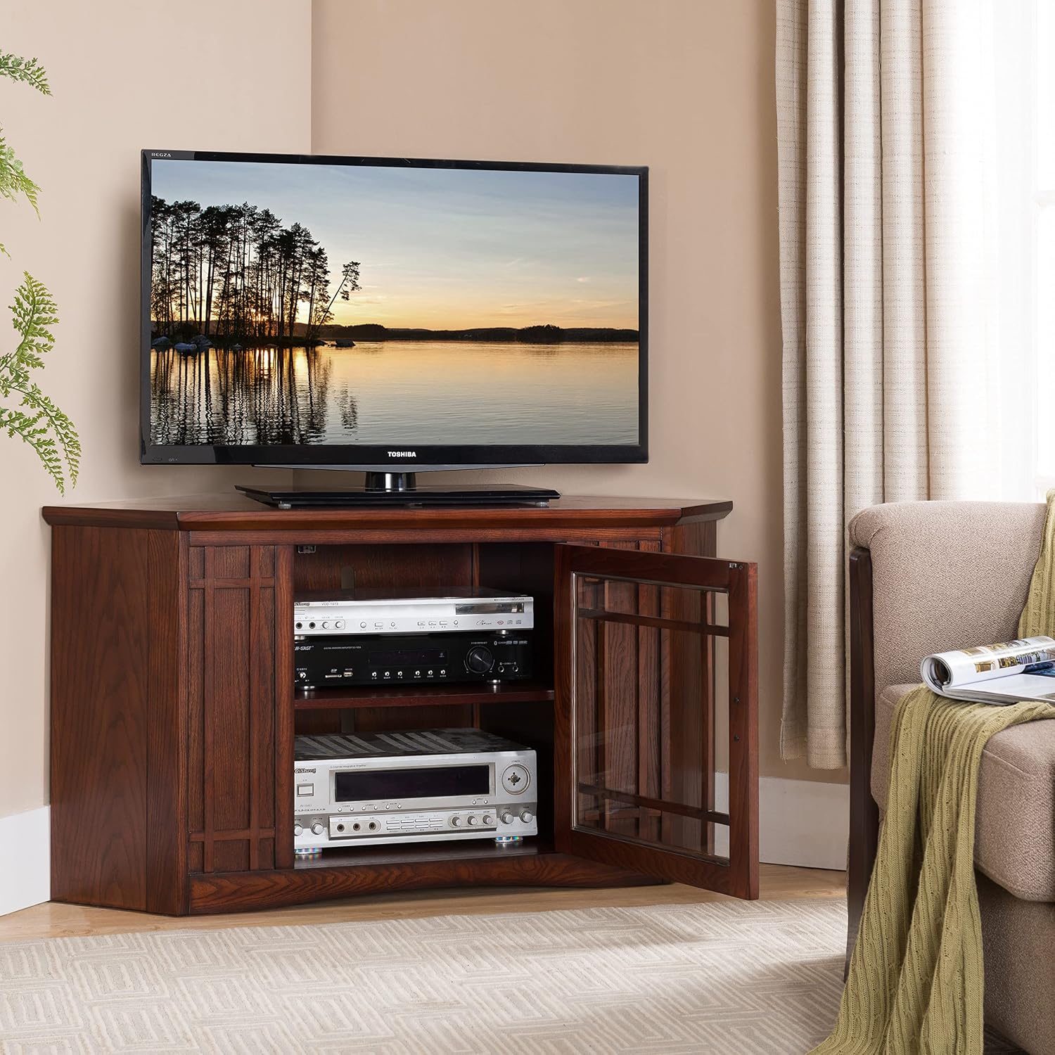 Leick Home 82285 Mission Corner TV Stand Made from Solid Wood, One Door and Adjustable Shelf, for 50' TVs, Mission Oak