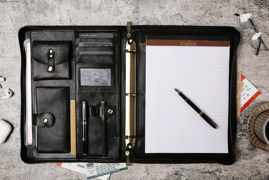 DUKE&COW Leather Portfolio with 3 Ring Binder, Personalized Executive Folio, Engraved Leather Folder, Custom Gift for Men Women (Black, Custom)