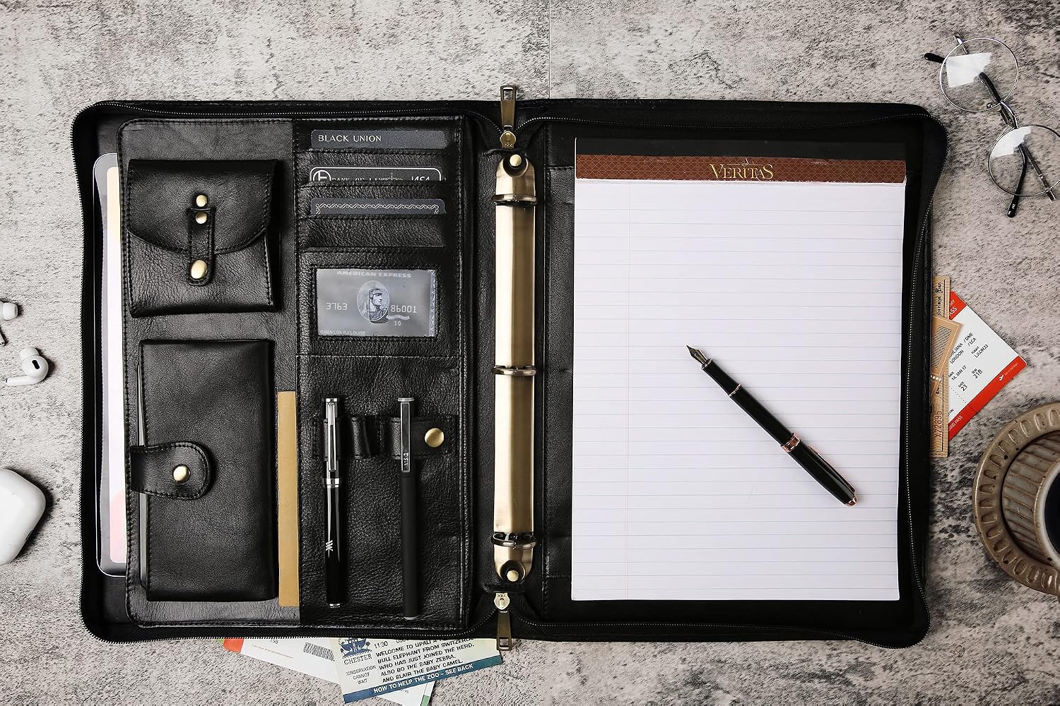 DUKE&COW Leather Portfolio with 3 Ring Binder, Personalized Executive Folio, Engraved Leather Folder, Custom Gift for Men Women (Black, Custom)