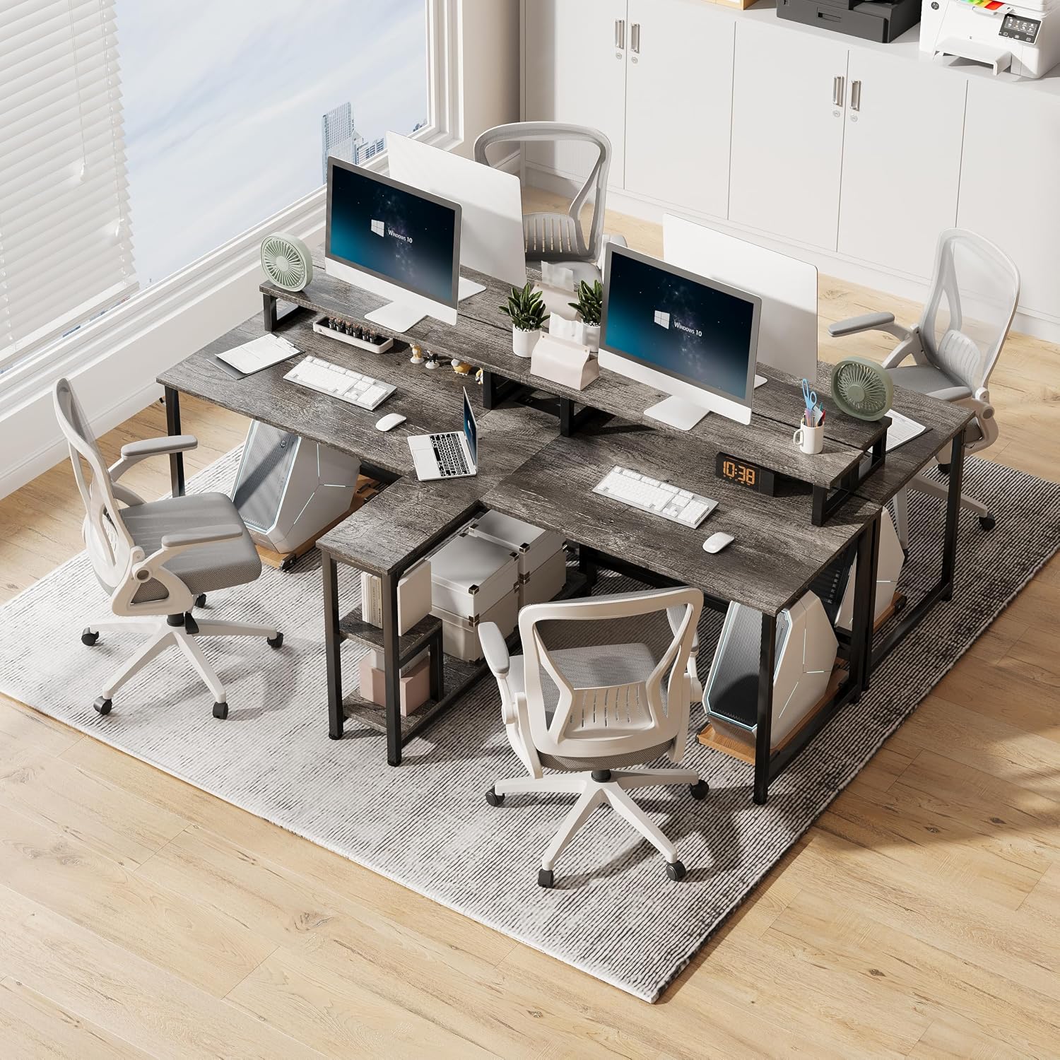 Mexin Two Person Desk-83.7 Inch Double Computer Desk with Monitor Stand and Power Outlets, Office Desk with Storage Shelves, Long Workstation Desk for Home Office, Gray Oak