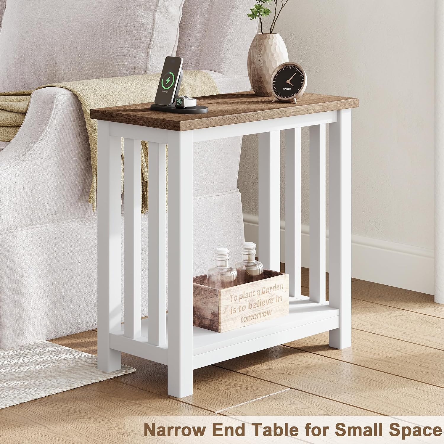 ChooChoo Farmhouse End Tables Set of 2, Narrow Side Tables for Small Spaces, Night Stands with Storage Shelf for Living Room and Bedroom, White and Brown