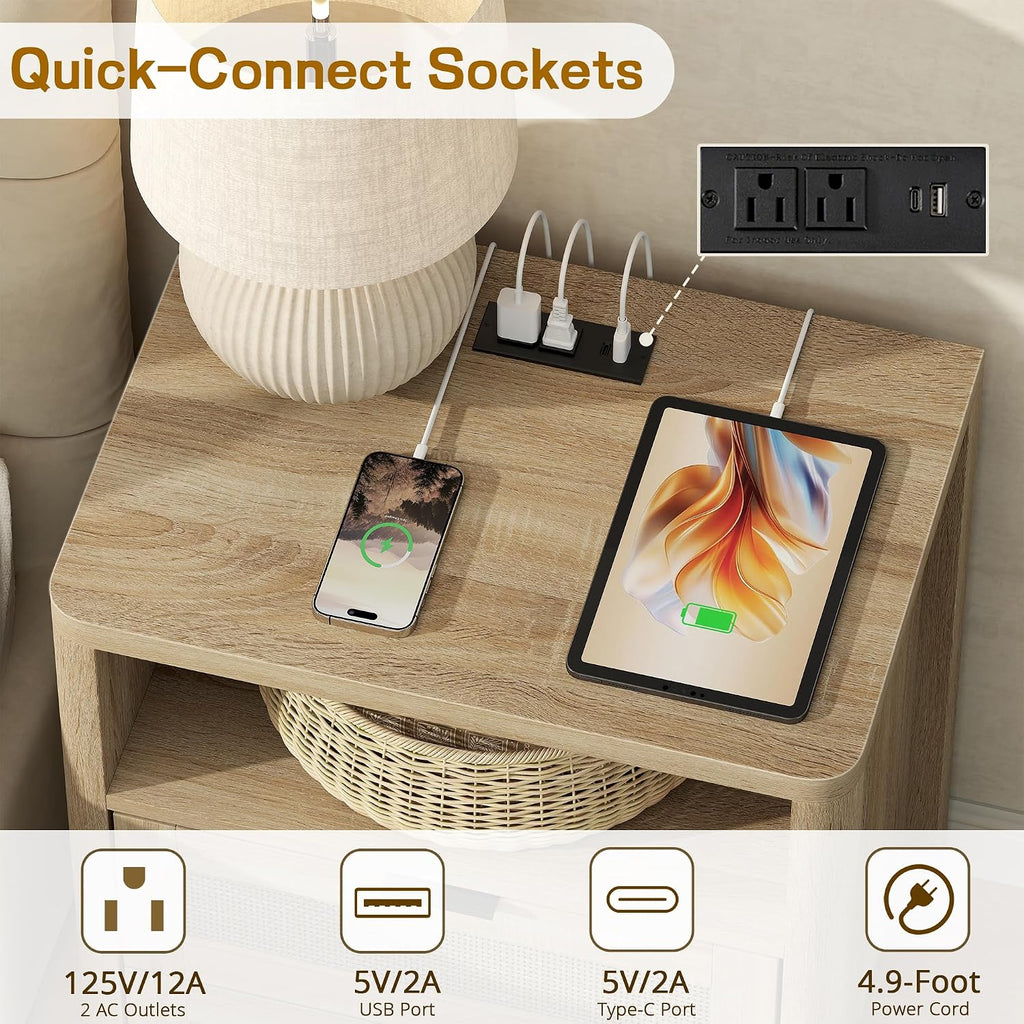 MECHYIN Rattan Nightstand with Charging Station, 23.6' Large Bedside Side Table with Drawer, Wood End Table with Storage, Mid-Century Modern Furniture Side Table for Bedroom, Living Room