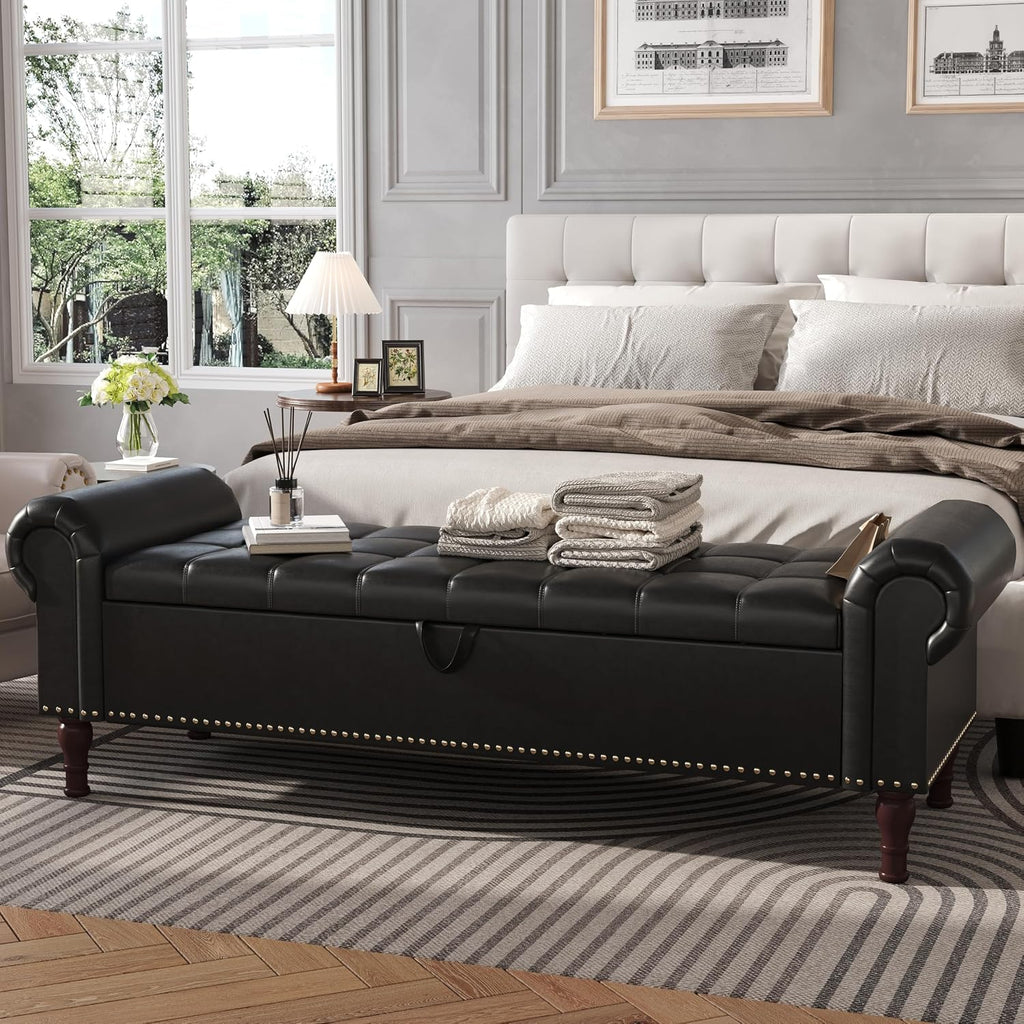 Apicizon 60' Bench with Storage, Queen Size Faux Leather End of Bed Bench with Tufted Button, Ottoman Bench with Rolled Arms & Vintage Rivets for Foot of Bed, Living Room, Entrance, Black