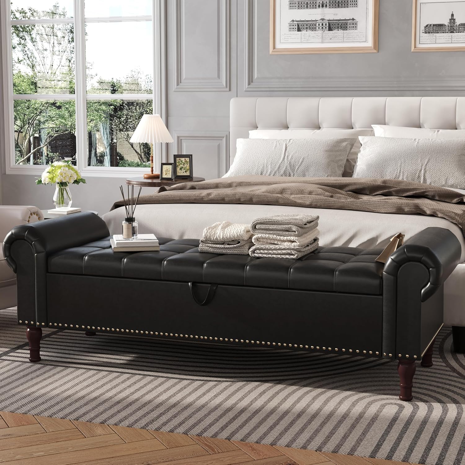 Apicizon 60' Bench with Storage, Queen Size Faux Leather End of Bed Bench with Tufted Button, Ottoman Bench with Rolled Arms & Vintage Rivets for Foot of Bed, Living Room, Entrance, Black