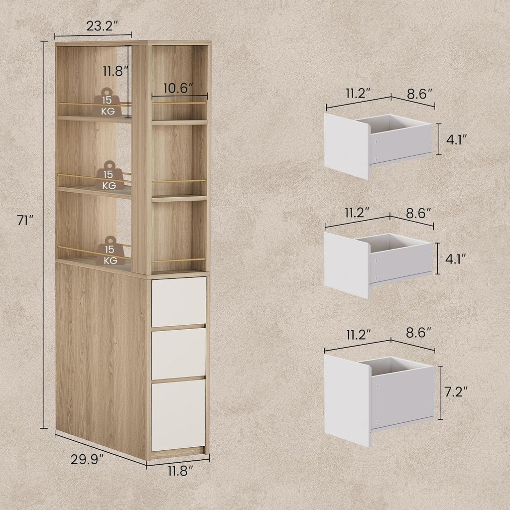 ModernMate 71' Tall Corner Bookshelf with 3 Drawers, Narrow Bookcase | 3-Tier Double-Sided Slim Bookcase for Small Space, Display Storage Shelves for Living Room, Home Office, Study, Light Walnut