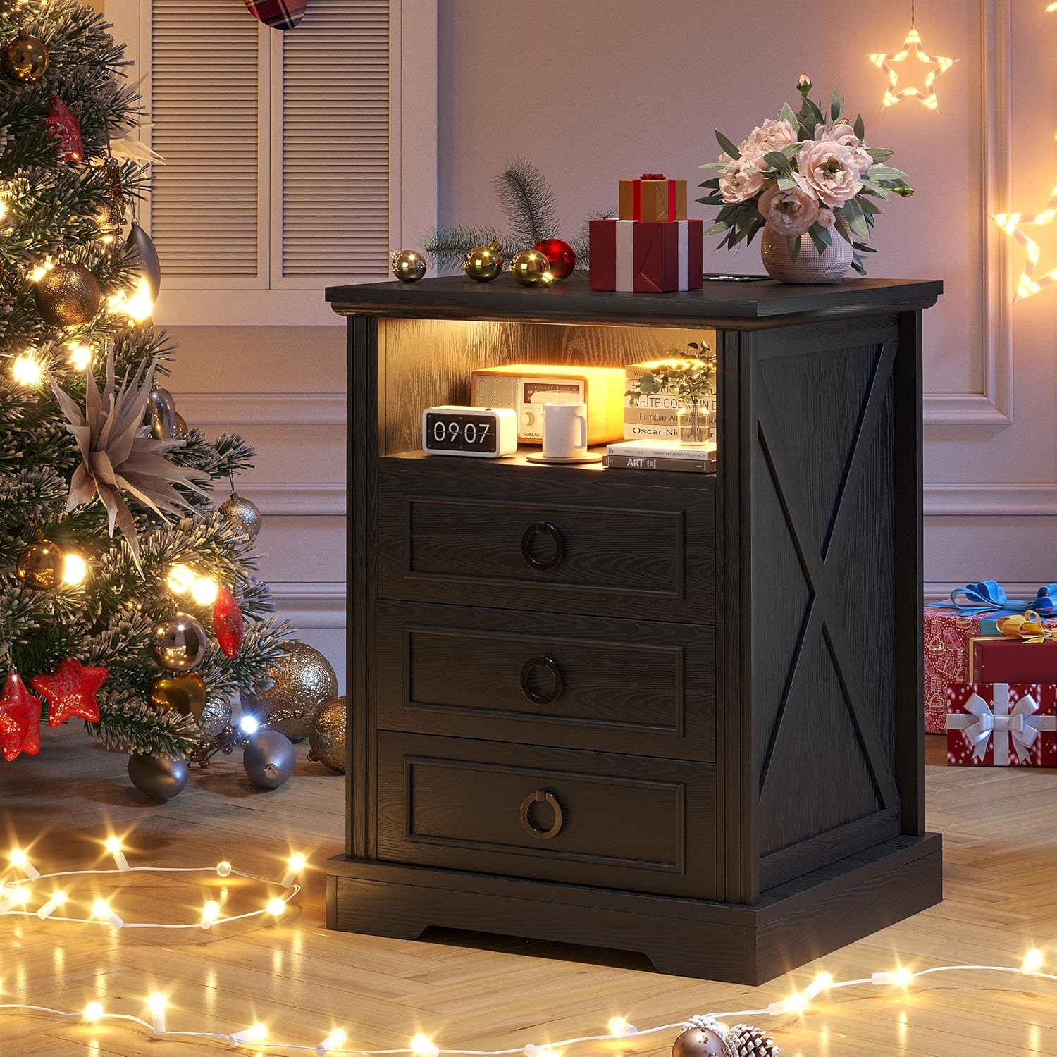 Nightstand Set 2 with Charging Station,Farmhouse End Side Table with 3 Drawers and Open Storage,Smart Bedside Table with LED Light & Human Sensor, Black