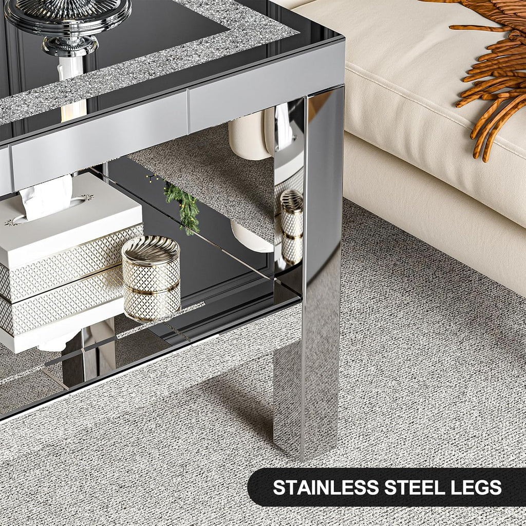IKIFLY Mirrored 2 Tiers Coffee Table with LED, Rectangle Mirrored Coffee Table with Crushed Diamond and Stainless Steel Legs, Silver Living Room Table