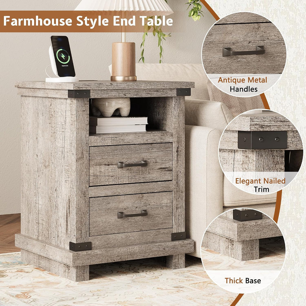 AMERLIFE Farmhouse End Table Set of 2, 18' Wood Night Stand with Charging Station & 2 Storage Drawers, Heavy Duty Bedside Nightstands for Bedroom, Living Room, Light Grey