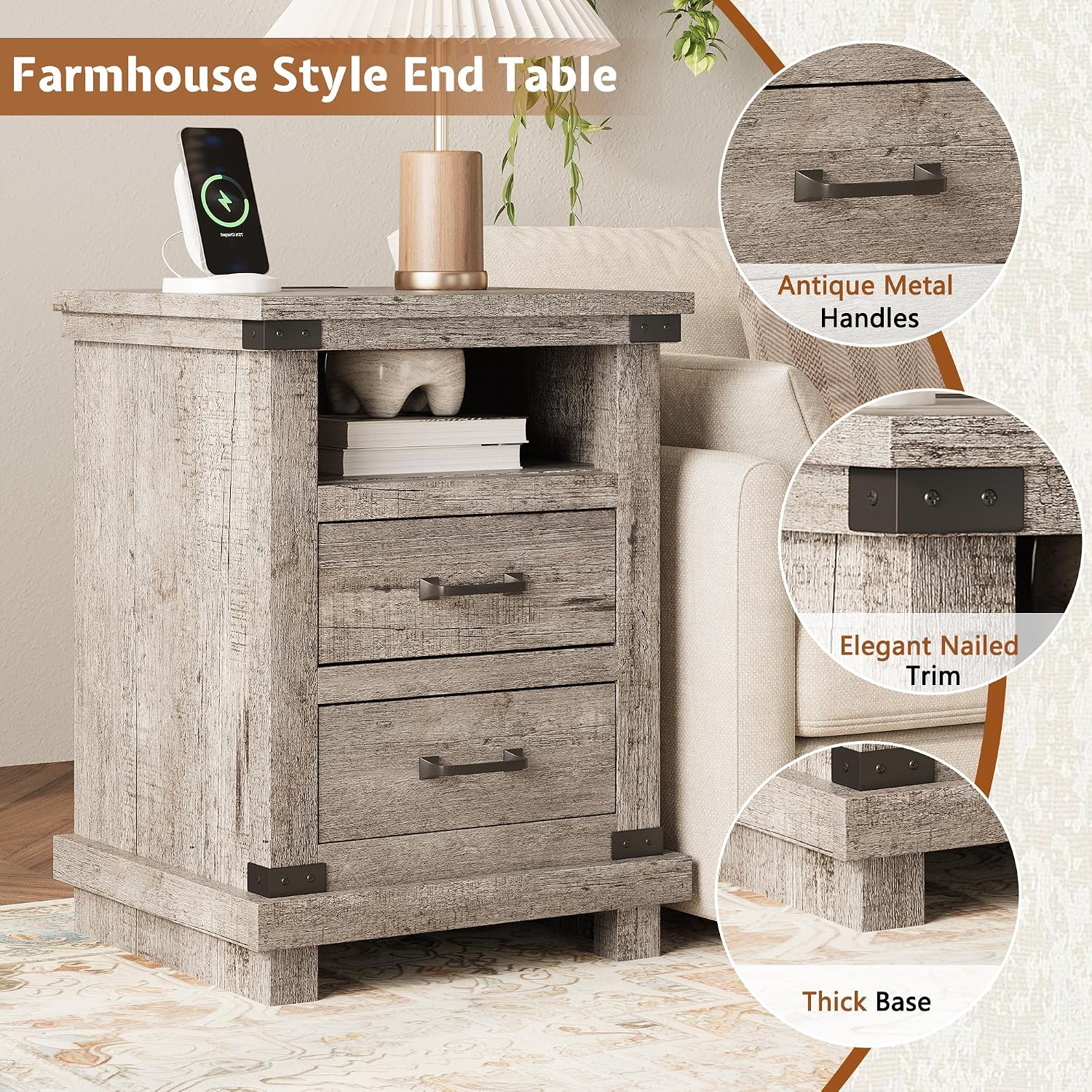 AMERLIFE Farmhouse End Table Set of 2, 18' Wood Night Stand with Charging Station & 2 Storage Drawers, Heavy Duty Bedside Nightstands for Bedroom, Living Room, Light Grey