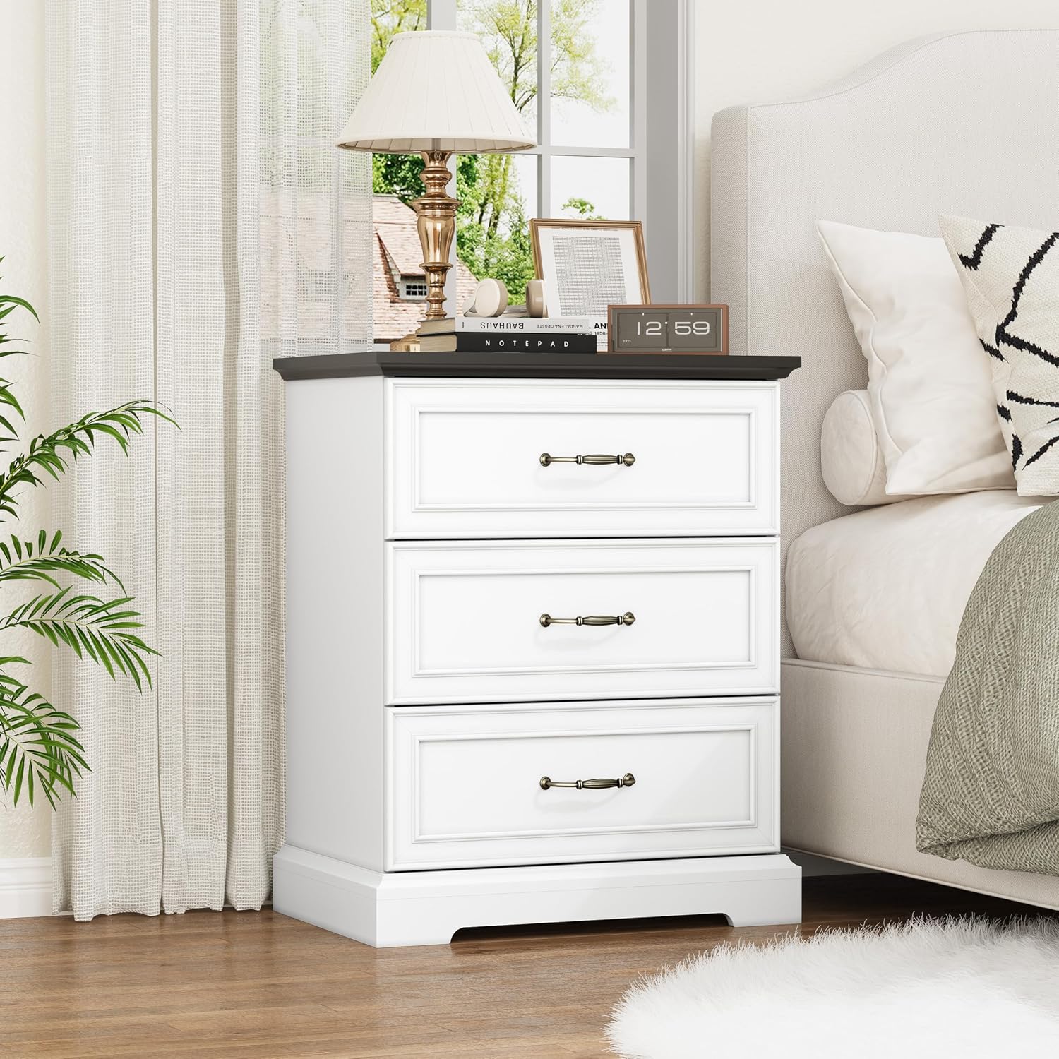 Nightstand Set of 2,24' Wide End Table with 3 Large Drawers & Metal Handles,Rustic Farmhouse Wood Small Dresser,Bedside Table,Modern Chest of Drawers for Bedroom,Living Room,White