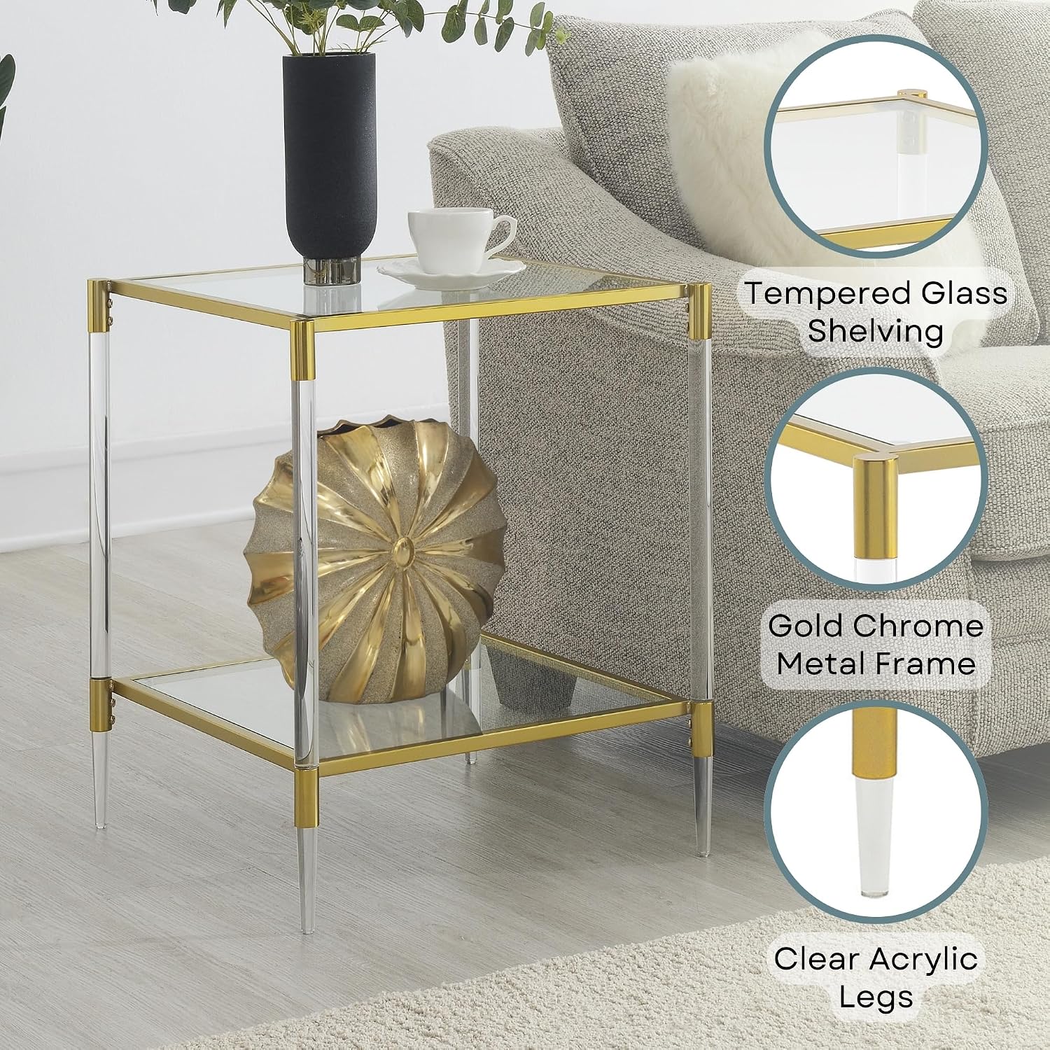 Convenience Concepts Royal Crest Acrylic Glass Square End Table 20.25' - Modern 2-Tier Tempered Glass Living Room Side Table with Storage Shelf, Gold Chrome Frame Table with Acrylic Legs, Glass, Gold