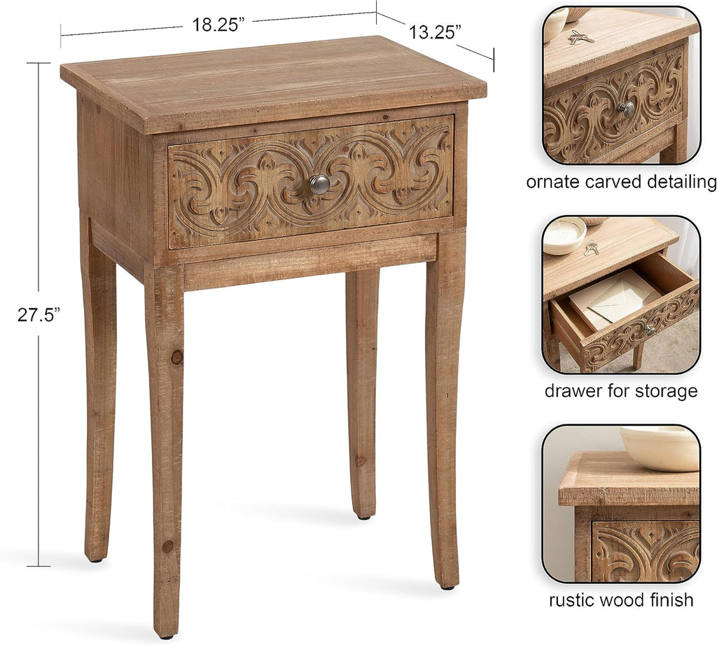 Kate and Laurel Cassetta Soft Rustic Rectangle Side Table; 19 x 14 x 28; Hazelnut; Wooden Living Room End Table with Useful Pull Drawer for Storage