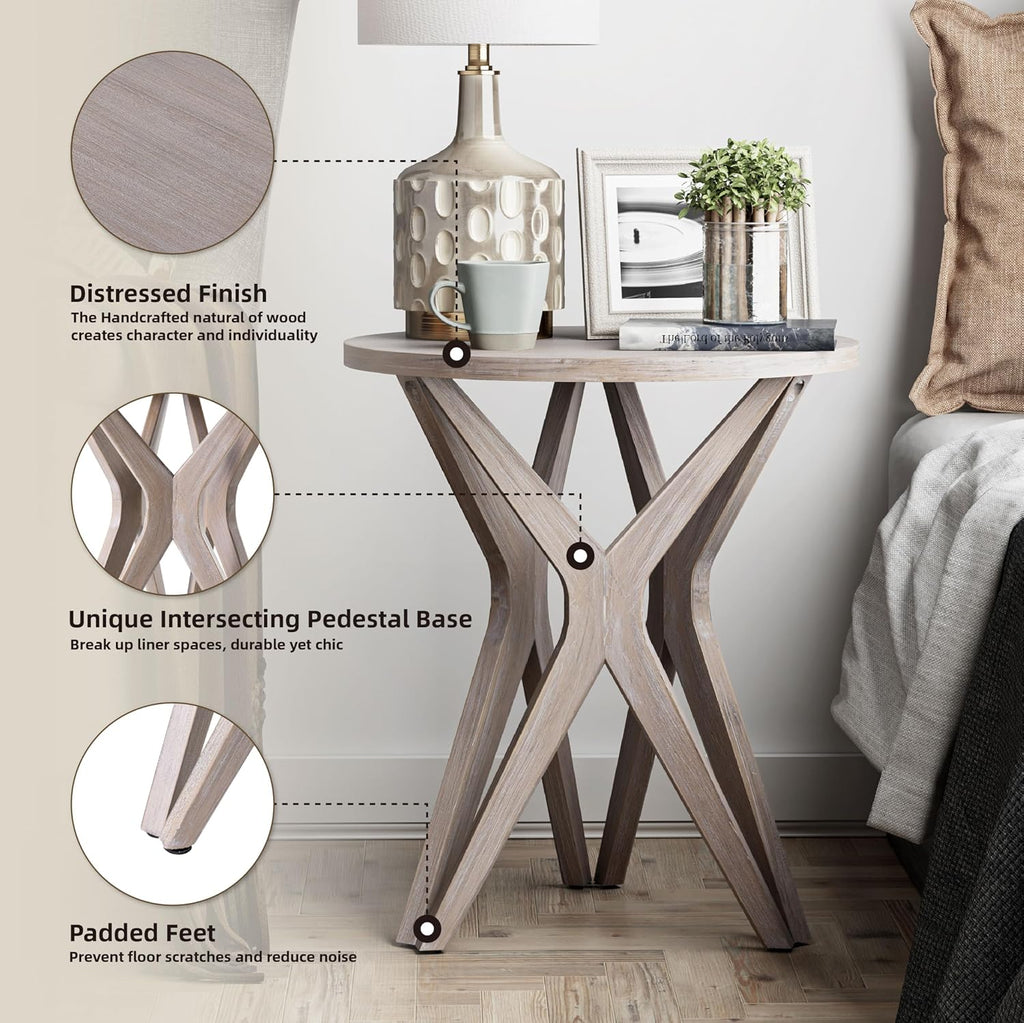 Pedestal Farmhouse End Table Set of 2, Distressed Top with Tripod Base Bedside Table for Living Room, Modern, Boho Decor, Round (2-Pack, Distressed Aah Grey)