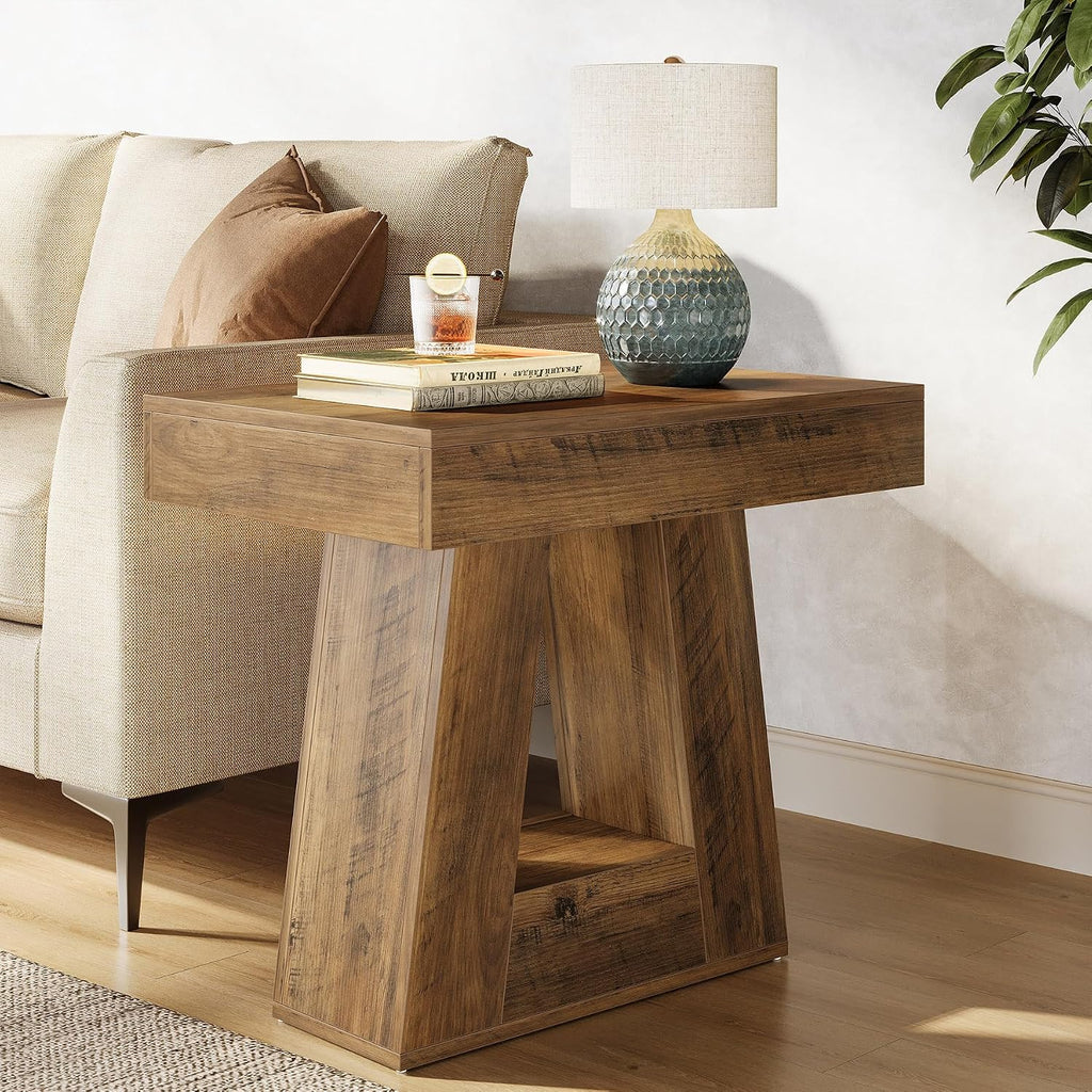 Tribesigns 24' Modern Side Table Set of 2, 2-Tier Narrow Wooden End Table with Trapezoid Base, Farmhouse Small Nightstand for Living Room, Bedroom (Brown)