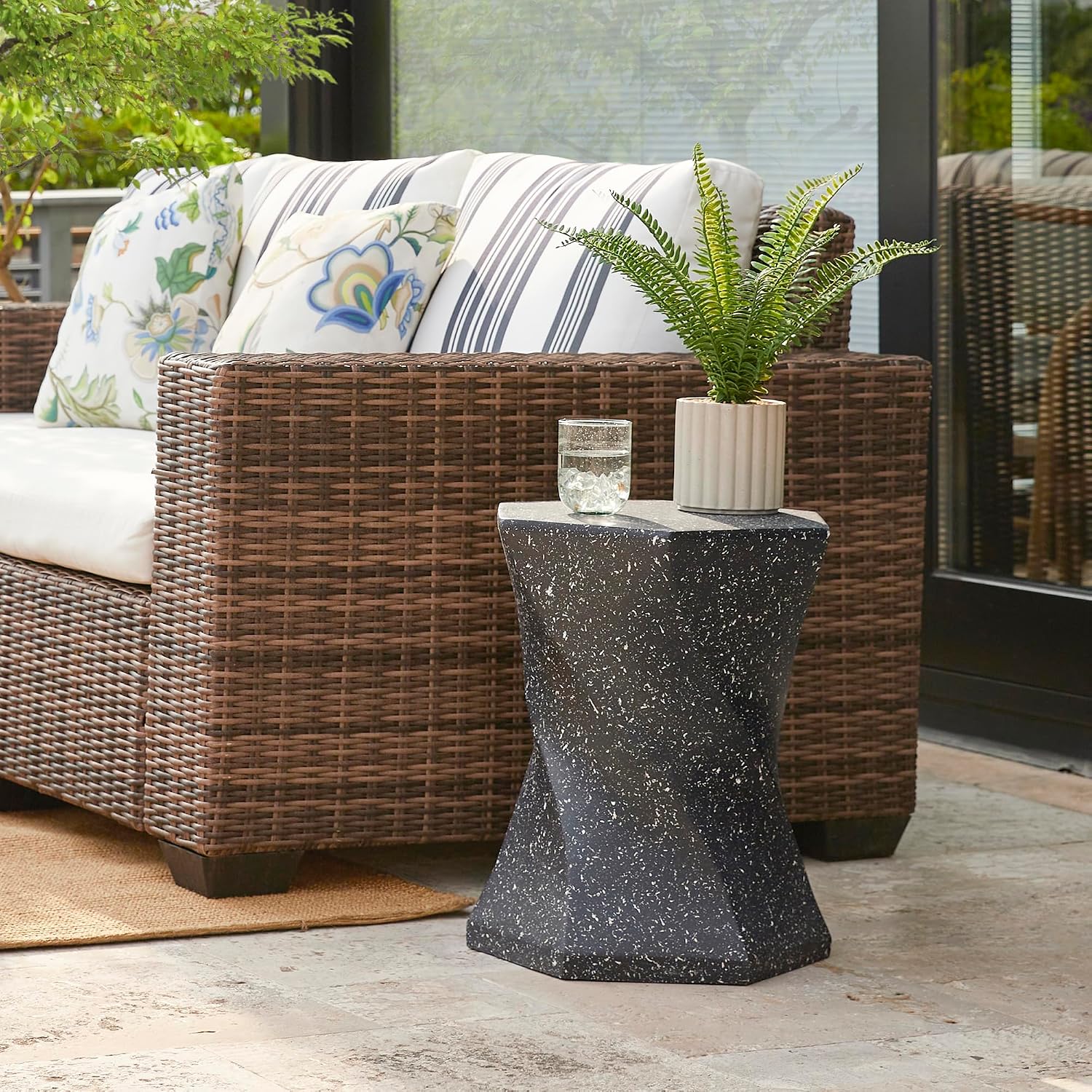Glitzhome Outdoor Side Table Set of 2, 17.75' H Decorative Garden Stool MGO Twist Faux Terrazzo End Table, Round Planter Stand for Indoor Outdoor Living Room Bedroom Patio Deck Poolside, Black