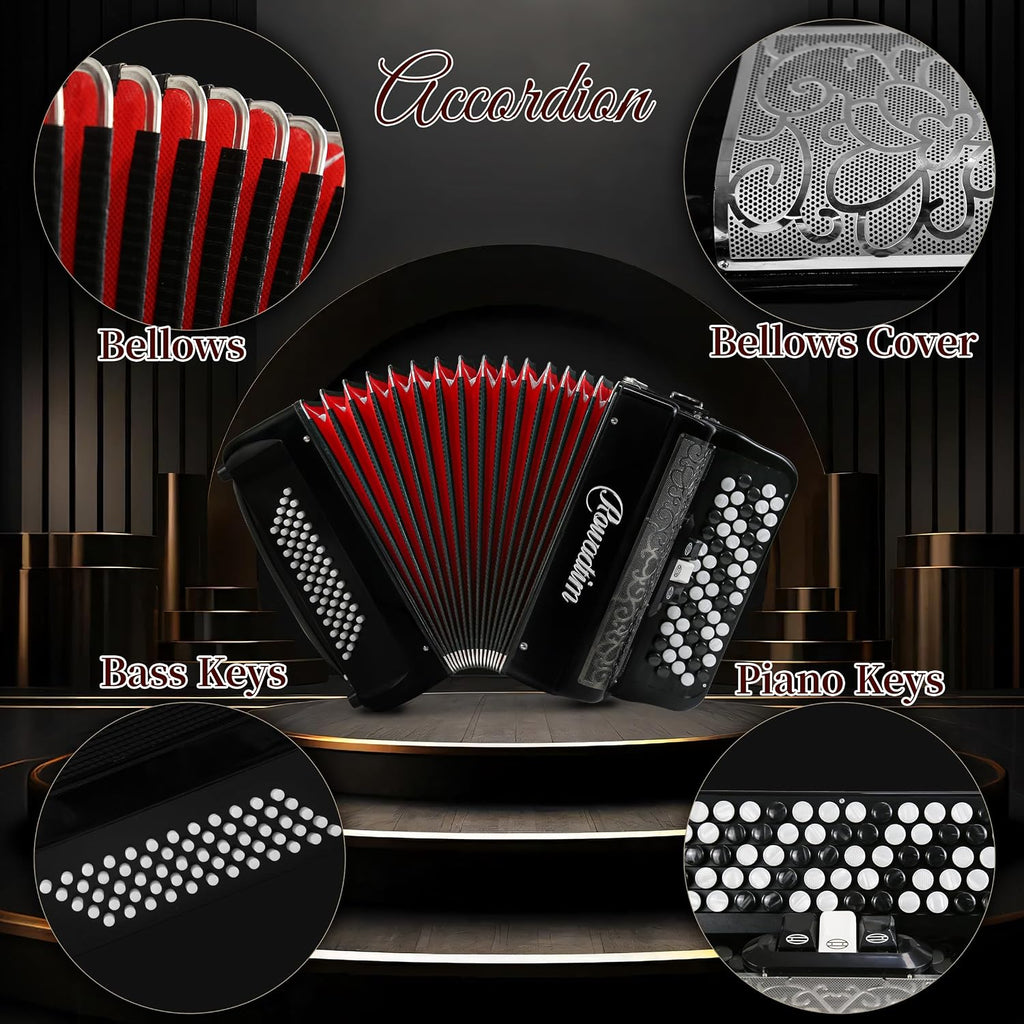 Accordion - 62 Key 60 Bass Professional Piano Model with Backpack & Strap | Lightweight, Portable Design for Beginners, Students & Adult Musicians (Black)