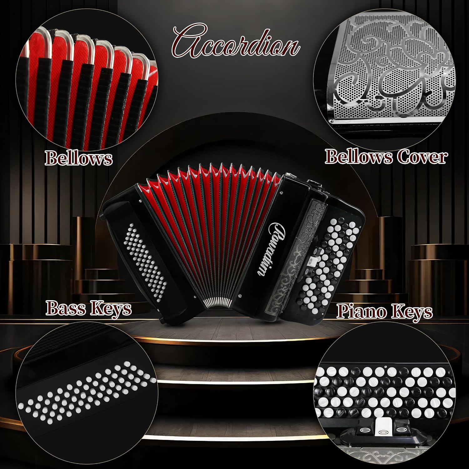 Accordion - 62 Key 60 Bass Professional Piano Model with Backpack & Strap | Lightweight, Portable Design for Beginners, Students & Adult Musicians (Black)