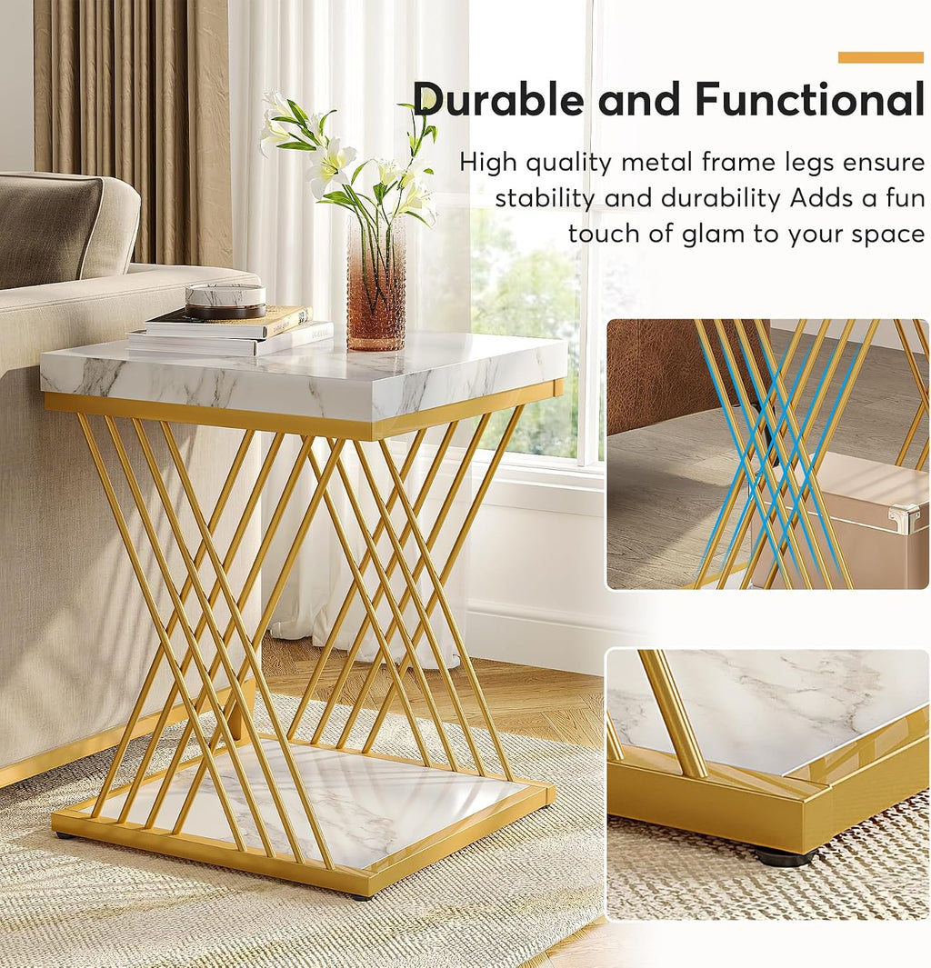 Tribesigns Square White Gold Side Table Set of 2, 2-Tier End Table Modern Bedside Tables Small Side Table with Storage for Couch, Chairside Tables with Metal Frame for Living Room