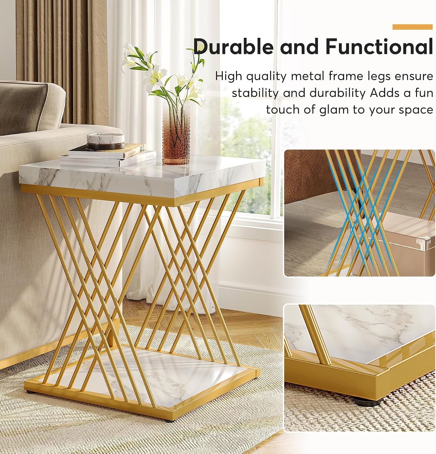 Tribesigns Square White Gold Side Table Set of 2, 2-Tier End Table Modern Bedside Tables Small Side Table with Storage for Couch, Chairside Tables with Metal Frame for Living Room