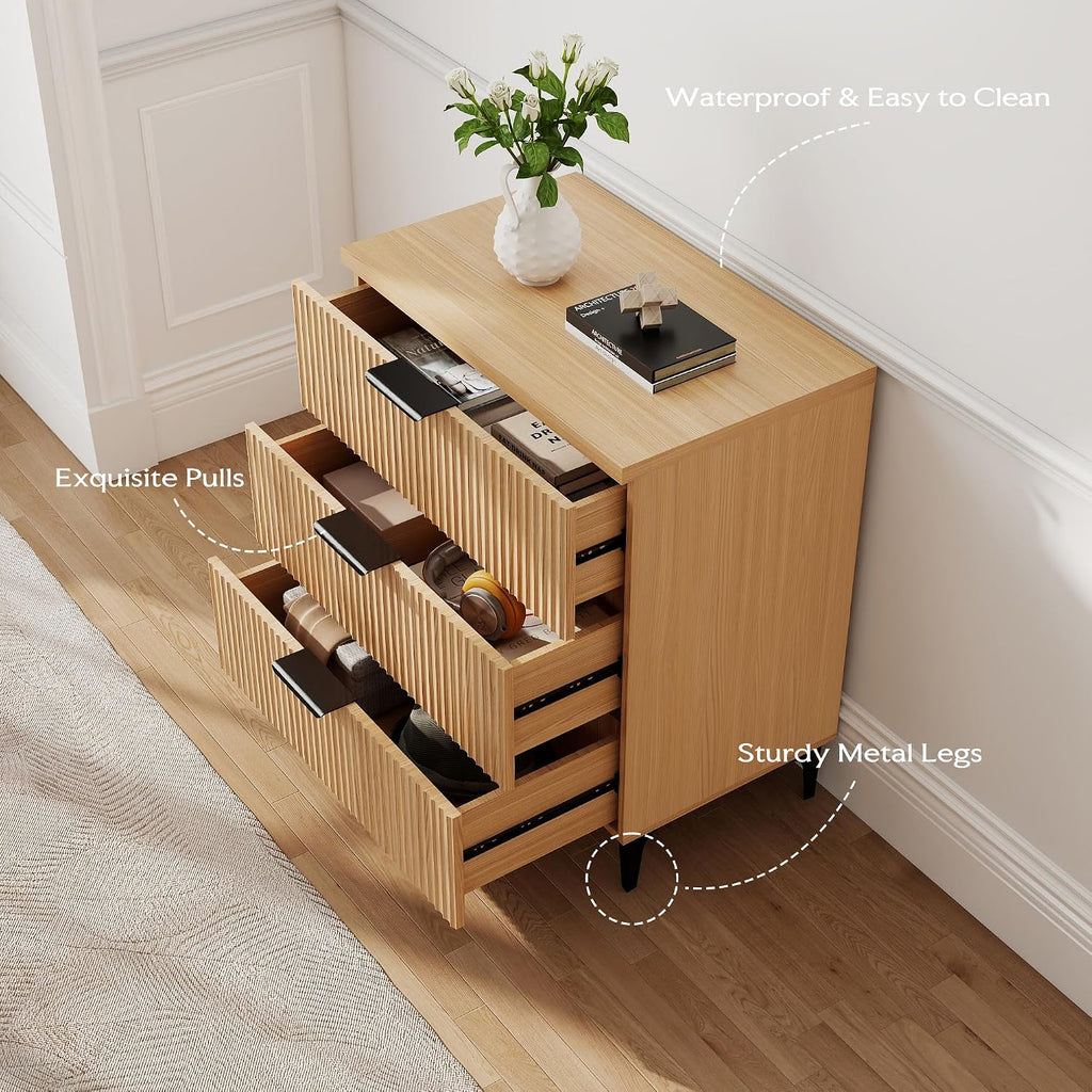 25.6' W Fluted Nightstand with 3 Drawer Dresser, Modern Wood Night Stands Bedside Table for Bedroom King/Queen Bed, End Table with Robot-Friendly Legs for Living Room,Entry (3 Drawers-1pcs-Natural)