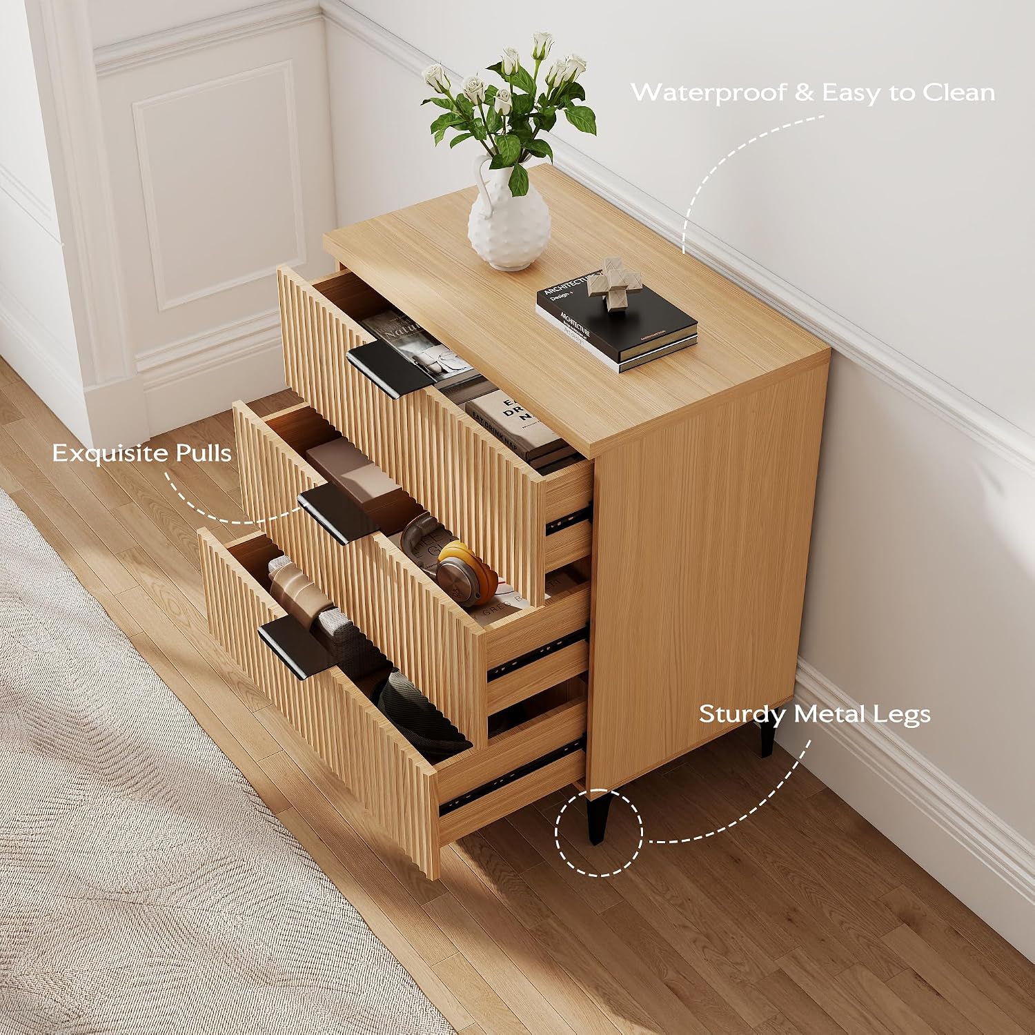 25.6' W Fluted Nightstand with 3 Drawer Dresser, Modern Wood Night Stands Bedside Table for Bedroom King/Queen Bed, End Table with Robot-Friendly Legs for Living Room,Entry (3 Drawers-1pcs-Natural)