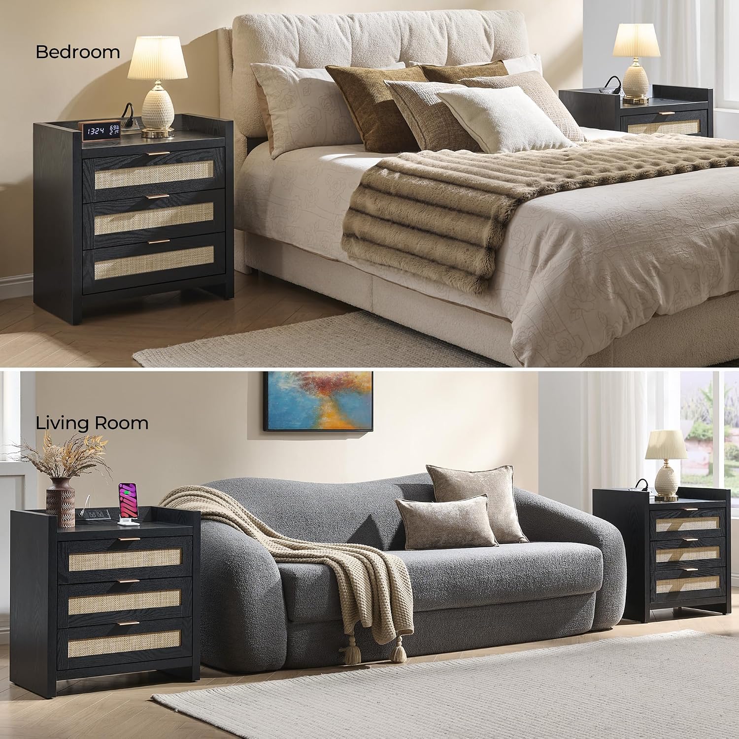 SICOTAS Nightstands Set of 2 Bedside Table - Larger Rattan Night Stand with Type-C Charging Station, 3 Drawers Storage - Boho Tall Night Stands End Table for Bedroom Office - Black Oak