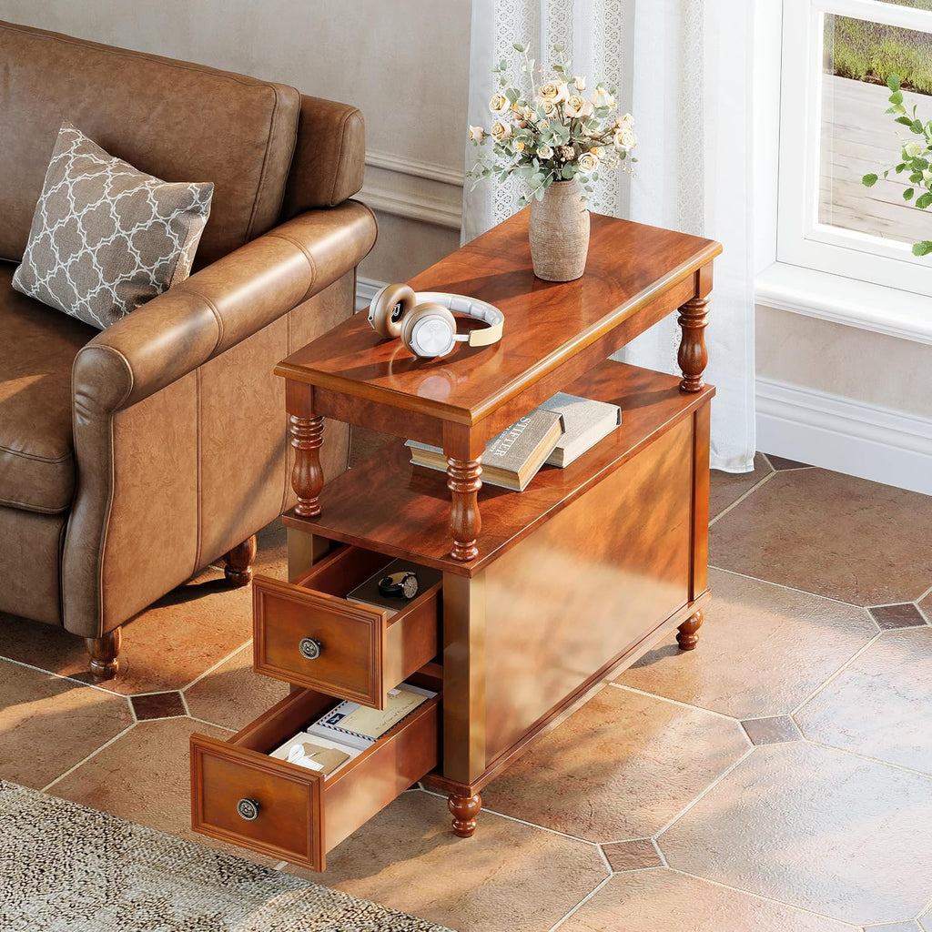 Tribesigns Wood End Table with 2 Drawers, Mid-Century Wooden Slim Side Table Nightstands with Storage Shelf, Accent Table for Living Room, Easy to Assemble (Walnut)