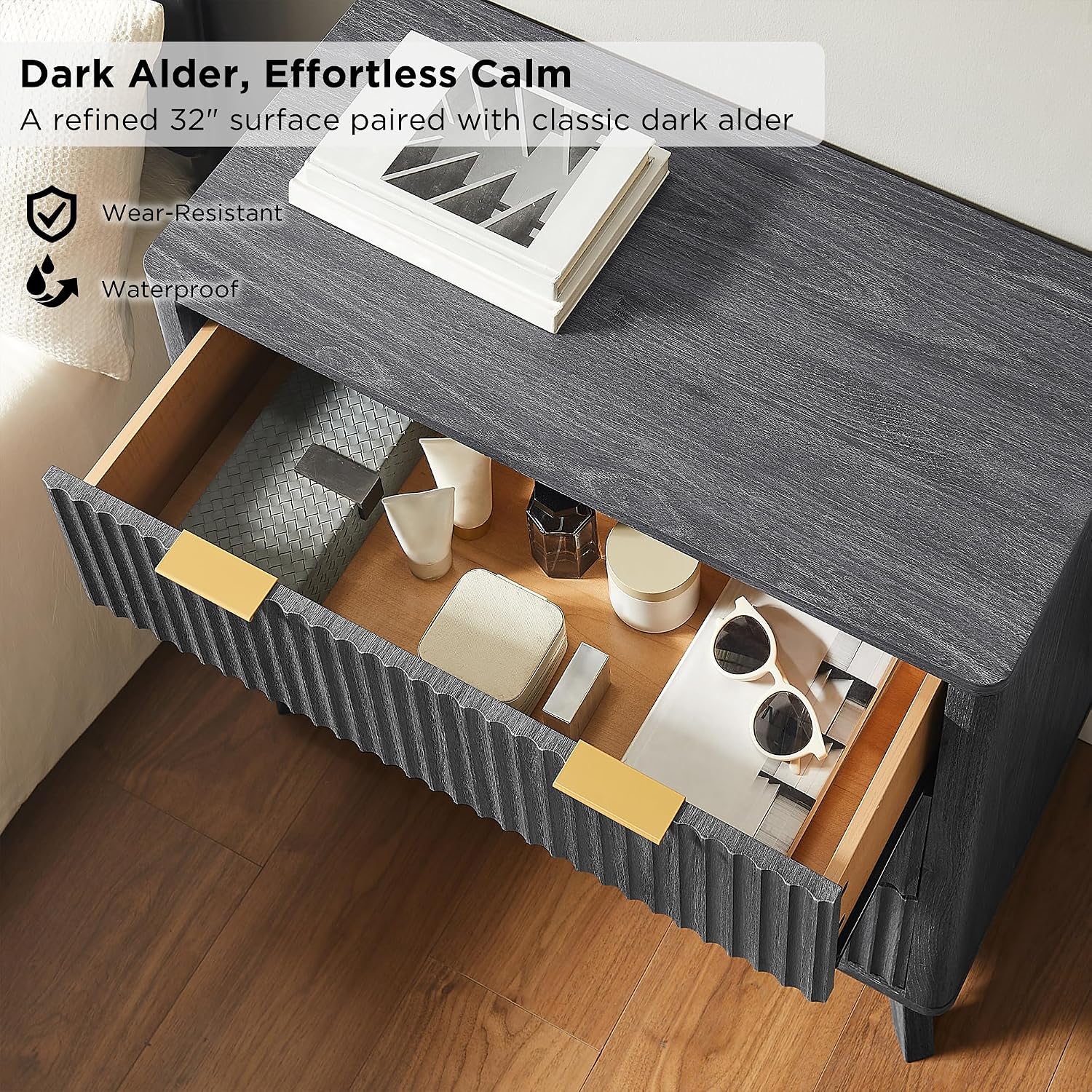 T4TREAM Fluted 3 Drawers Nightstand Set of 2, Oversized Extra Large Modern Side Table, End Table Bedside for Bedroom, Living Room, Curved Profile Design, Dark Alder