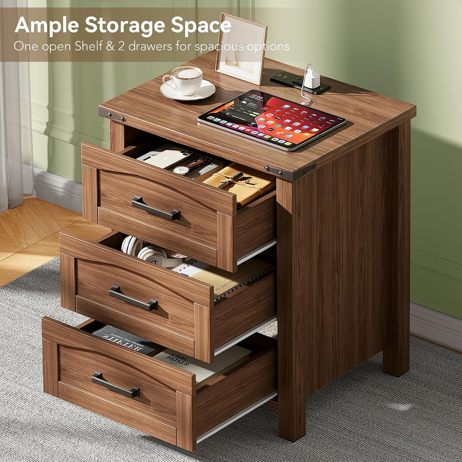 Decofy Farmhouse Nightstand Set of 2 with Charging Station, 18'' Wide Rustic End Table with USB/Type-C Ports, 3 Drawers, Wood Bedside Table for Bedroom, Walnut