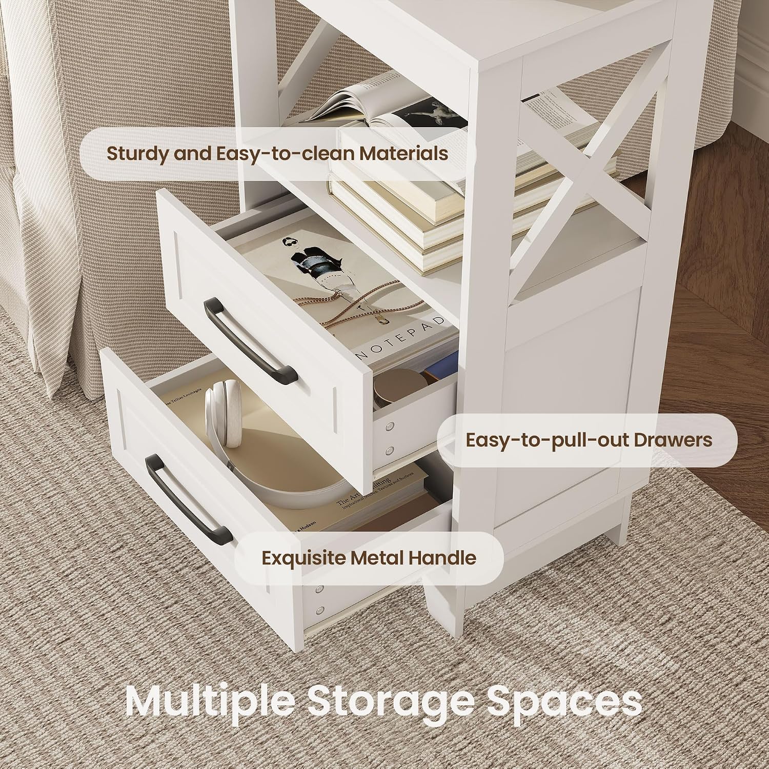 Tall Nightstand Set of 2 Side Table with 2 Drawers Modern Night Stand Wooden End Table Bedside Table with Upper Open Shelf Solid Feet for Bedroom, White