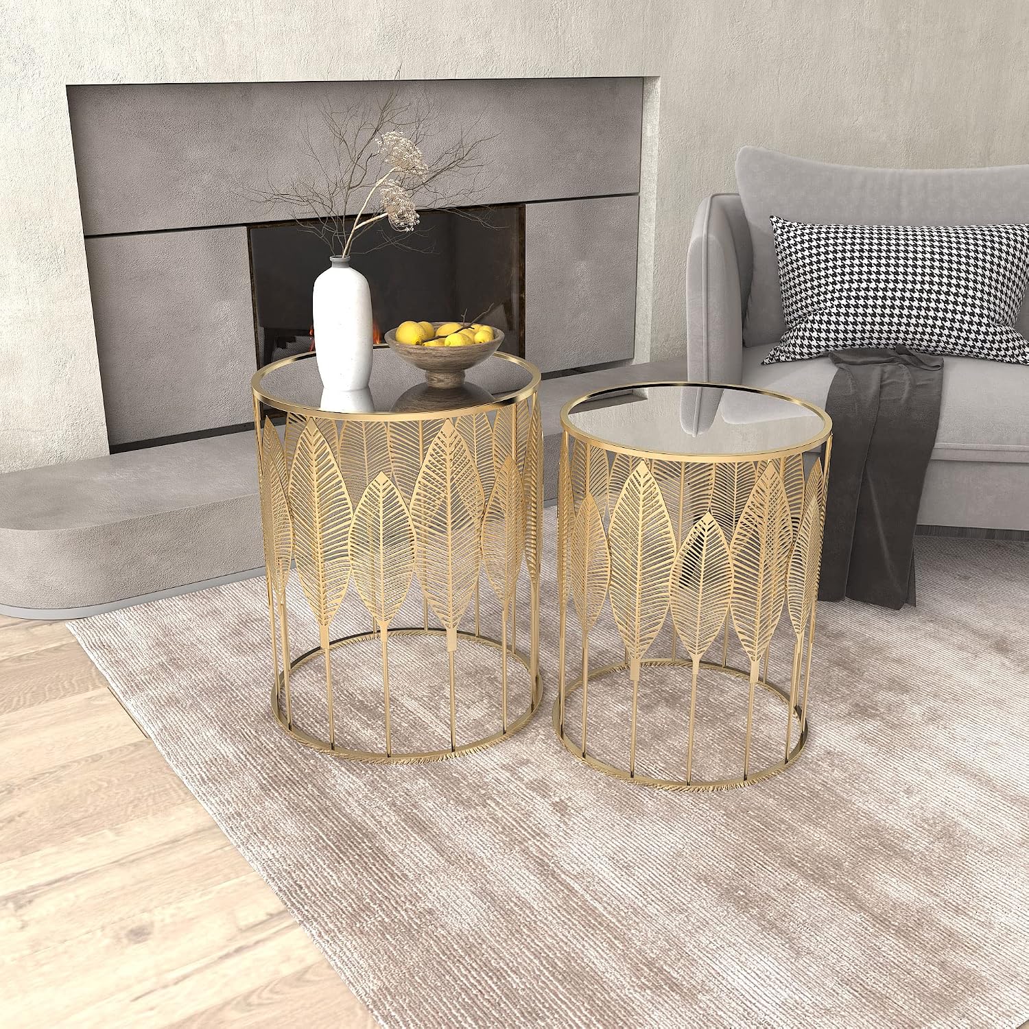 Homebeez Gold Nesting Tables Set of 2, Glam Leaf Design Round End Table with Stainless Steel Top for Living Room & Bedroom, No Assembly Required