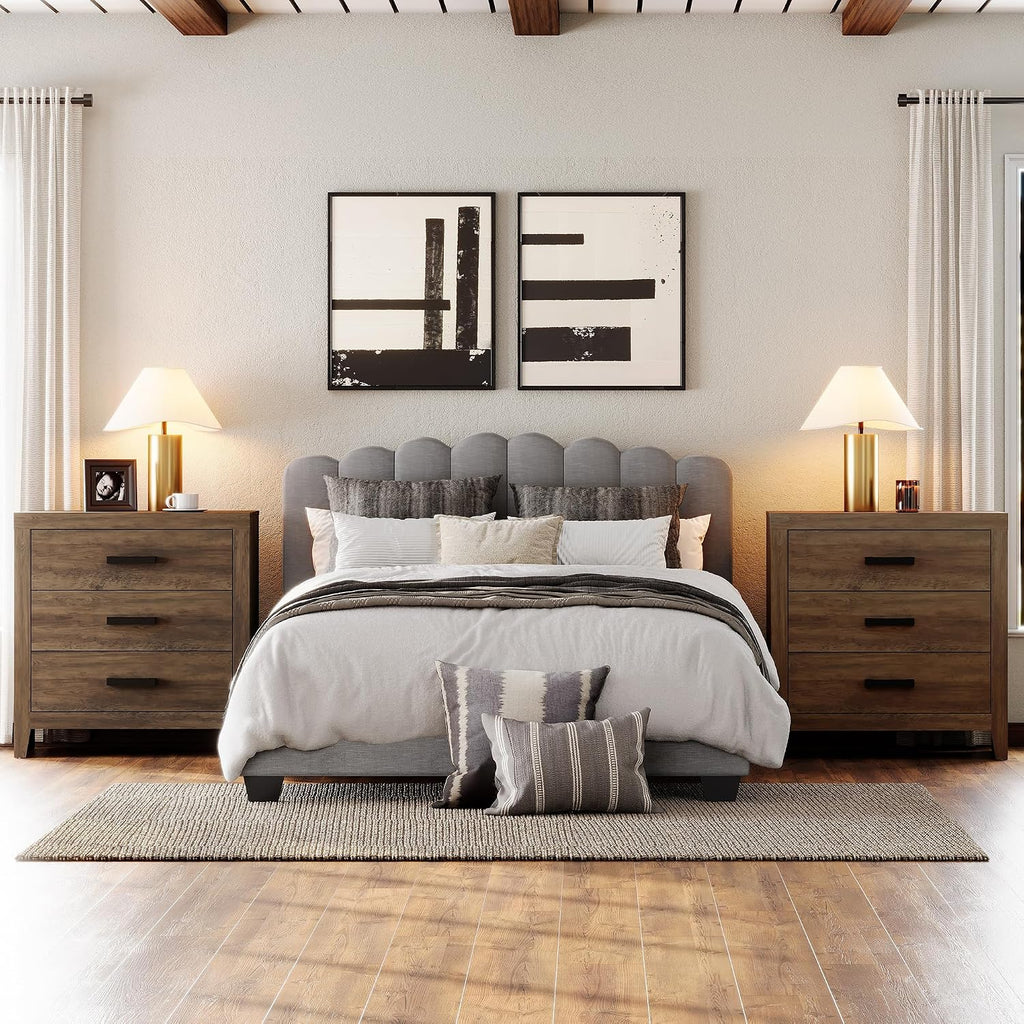WAMPAT Farmhouse 3 Drawer Nightstand Set of 2, Large Wood Bedside Tables, 32' Wide End Tables with Storage for Bedroom, Hallway, Brown
