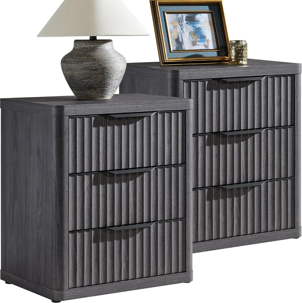 SICOTAS Night Stand Set of 2 Nightstands with 3 Drawers Storage Bedside Table Large Fluted Bed Side End Table Modern 25.6' Tall Wide Night Stands for Bedroom Living Room Sofa Couch Office