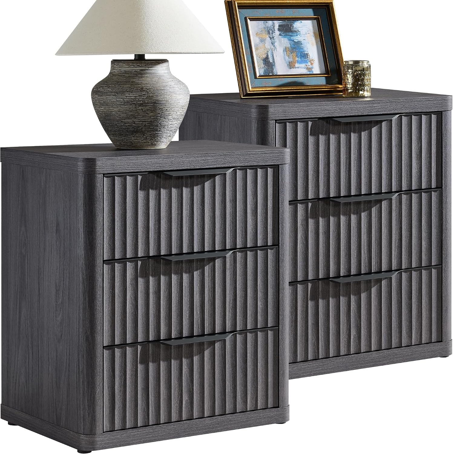 SICOTAS Night Stand Set of 2 Nightstands with 3 Drawers Storage Bedside Table Large Fluted Bed Side End Table Modern 25.6' Tall Wide Night Stands for Bedroom Living Room Sofa Couch Office